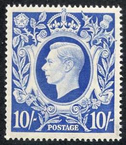 SG478b 10/- Ultramarine (paper slightly yellow) U/M