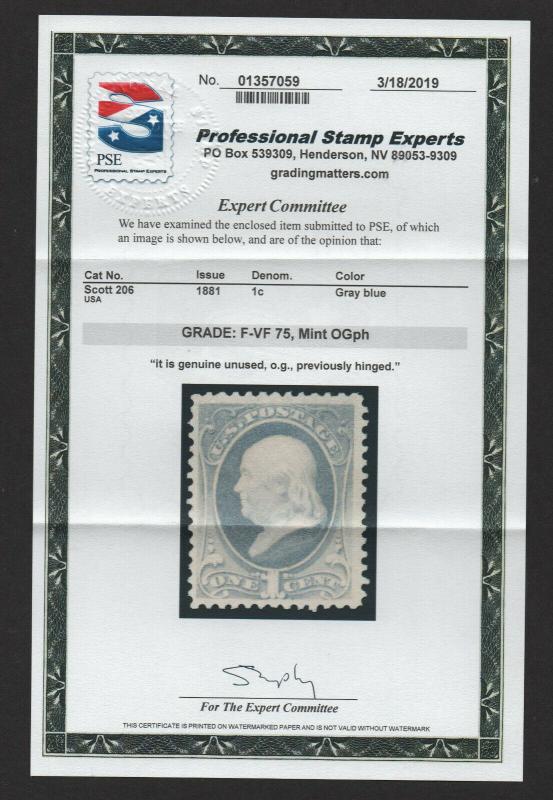 $US Sc#206 M/H/F-VF 75 PSE Graded Cert., SMQ. $55