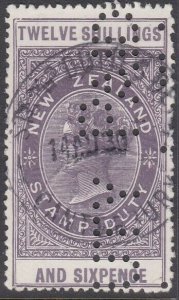 NEW ZEALAND 1880 LONG TYPE STAMP DUTY 12/6d used with official perfin.......U700 
