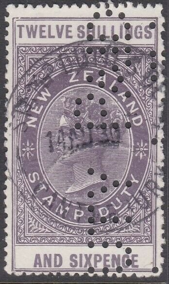 NEW ZEALAND 1880 LONG TYPE STAMP DUTY 12/6d used with official perfin.......U700 