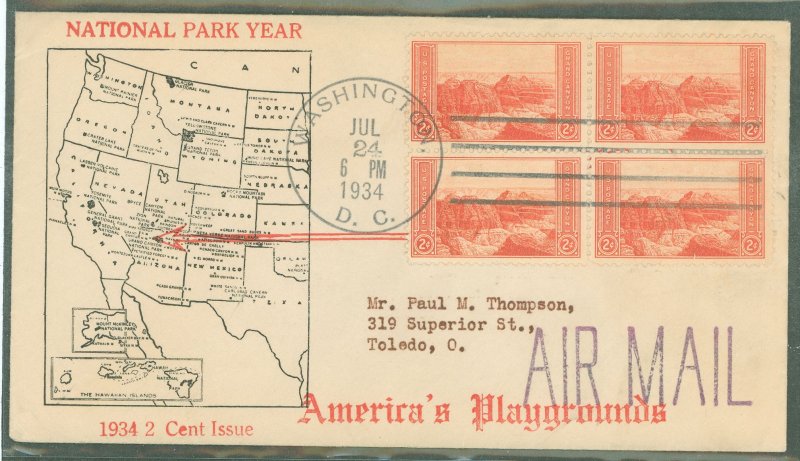 US 741 (1934) 2c Grand Canyon (part of the National Park Series) block of four-on an addressed (typed) First Day Cover with a co