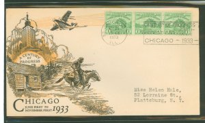 US 728 1933 1c Fort Dearborn, Chicago Century of progress-strip of three on an addressed (typed) first day cover with a Linprint