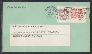 Canada - Jun 1970 $0.07  Vancouver, BC Shortpaid Mail Card