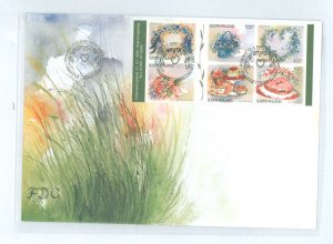 Finland 1149a-f 2001 valentine's day booklet pane of 6, unaddressed, cacheted cover, flowers, wreaths