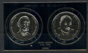 Manama 1971 Mi#MS110 UN 25th Anniv. Opt on Lincoln & King gold/black foil emb...