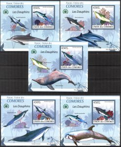 {091} Comoros 2009 Dolphins 5 S/S Deluxe MNH**