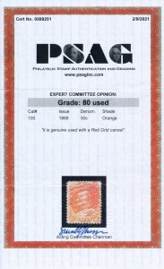 US 100 30c 1868 Benjamin Franklin red grid cancel PSAG grade 80