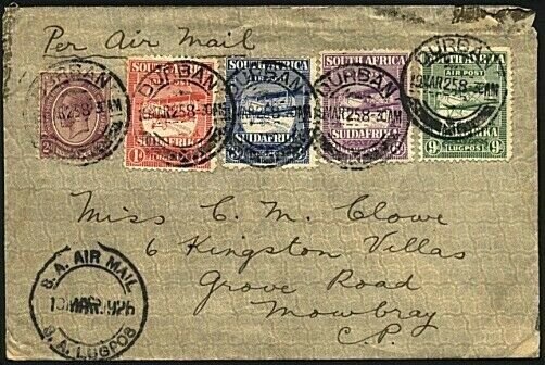 SOUTH AFRICA 1925 Air Mail set on flown cover Durban to Mowbray............18720