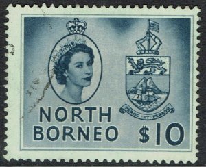 NORTH BORNEO 1954 QEII ARMS $10 USED