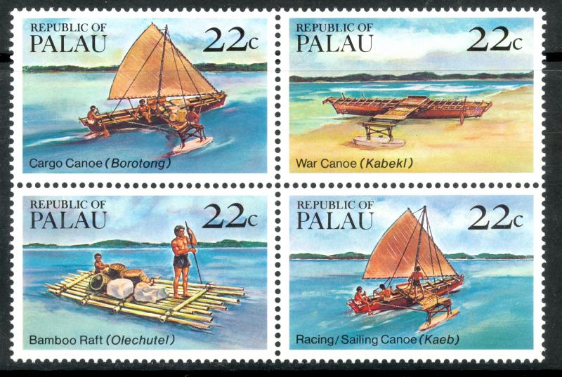 PALAU 1985 CANOES AND RAFTS Set in Se-tenant Block Sc 70a MNH