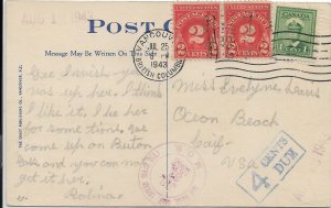 Vancouver, Canada to Ocean Beach, Ca 1943 w/Postage Dues (51502)