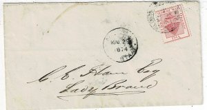 Orange Free State 1874 Bloemfontein cancel on cover to Lady Brand, SG 4