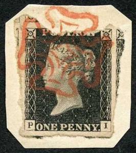 Penny Black (PI) Plate 2 SUPERB Red Cross Torn from the sheet