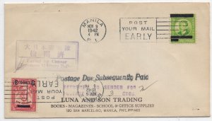 Japanese Occupation of Philippines, Manila to Manila 1942 w/Postage Due(C5823)