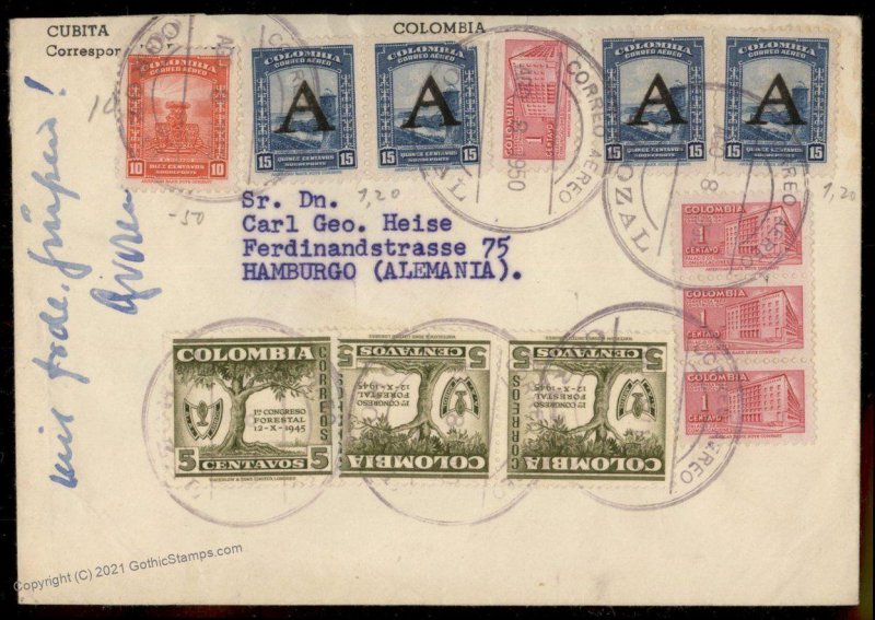 Colombia 1950 Hamburg Germany Airmail Cover G80379