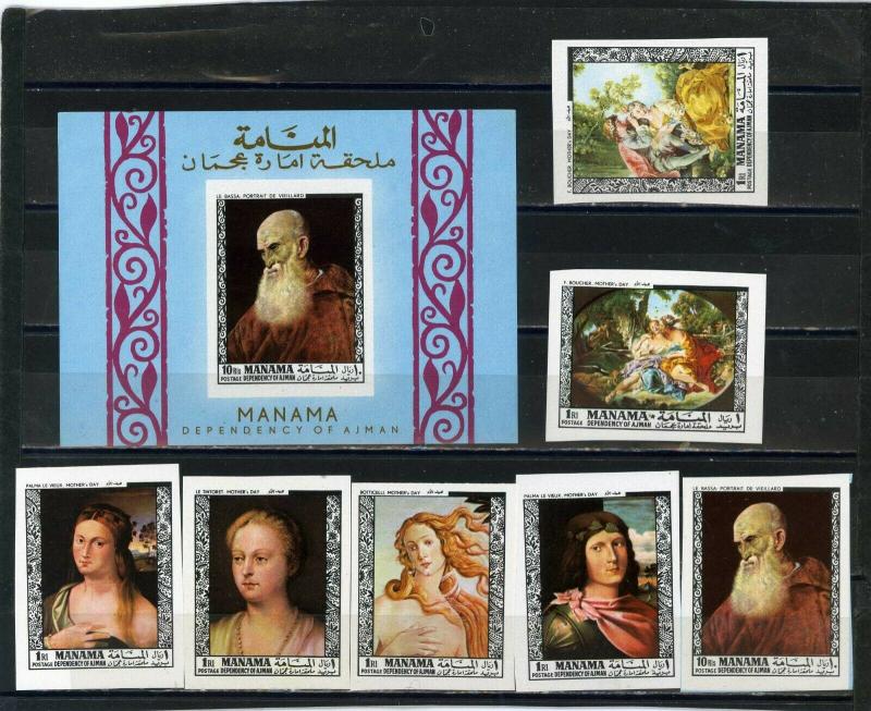 MANAMA 1968 PAINTINGS SET OF 7 STAMPS & 2 S/S IMPERF. MNH  
