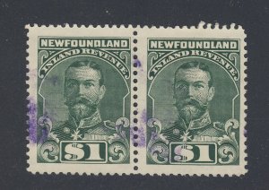 2x Newfoundland Revenue Stamps;  Pair of #NFR25-$1. 00 Guide Value = $35.00