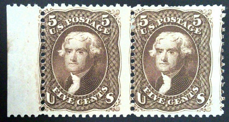 Scott #76 - EFO - 5c Brown - Jefferson - Pair - OG HR - 1863