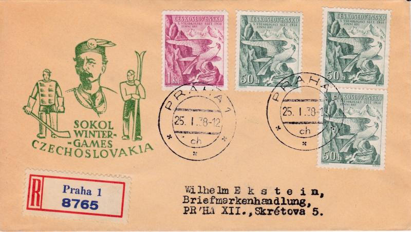 Czechoslovakia 1938 Peregrine Falcons, Sokol on Registered Cover SKI Hockey