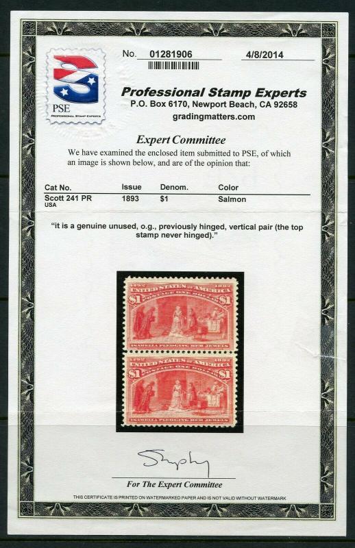 UNITED STATES $1 COLUMBIAN  SCOTT#241 MINT NEVER HINGED WITH PSE CERTIFICATE