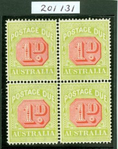 SG D80a Australia 1912-23 1d scarlet & pale yellow green block of 4. Pristine...
