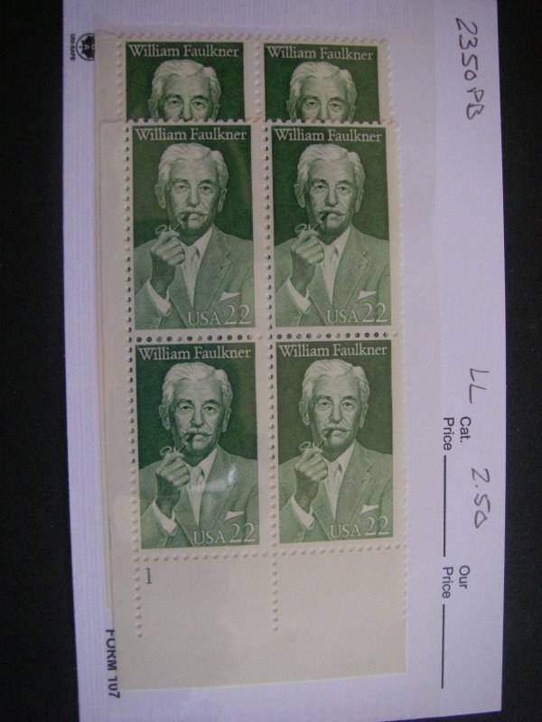 Scott 2350, 22c William Faulkner, PB4 #1 LL, MNH Beauty