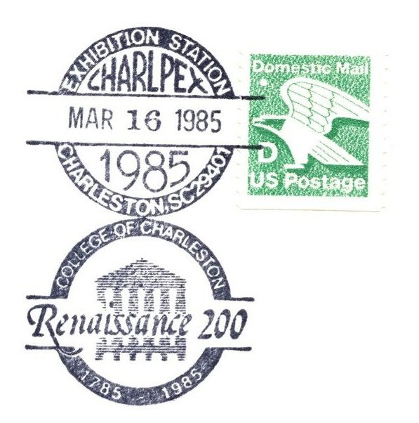 US SPECIAL POSTMARK EVENT COVER CHARLPEX COLLEGE OF CHARLESTON S.C. 1785-1985-B