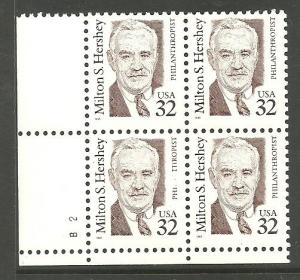 #2933 Milton Hershey Plate Block Mint NH Plate B2
