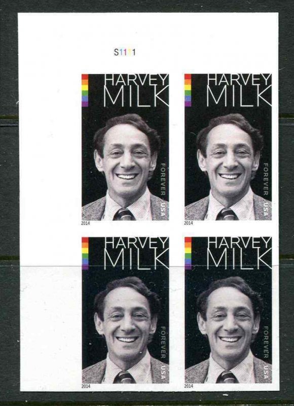 4908a Plate Block Harvey Milk Forever MNH Upper Left Position IMPERF