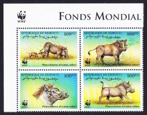 Djibouti WWF Eritrean Warthog 4v Corner block of 4 WWF Logo 2000 MNH