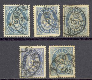 Norway Sc# 44 Used lot/5 1886 20o blue Post Horn & Crown