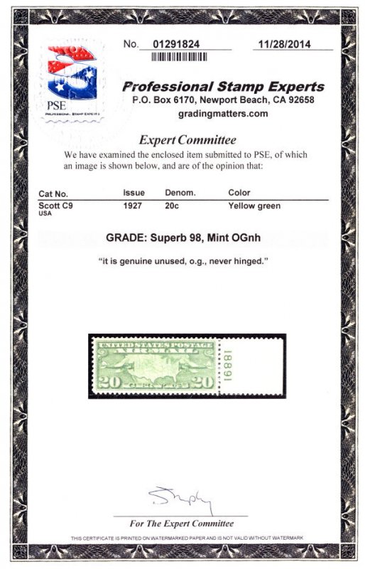 MALACK C9 SUPERB OG NH, w/PSE (GRADED 98 (11/14)) CE..MORE.. gg1323