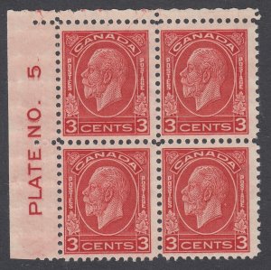 Canada #197 Mint Plate Block of 4, Plate No. 5 UL