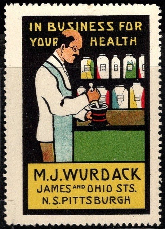 Vintage US Poster Stamp  In Business For Your Health. M.J. Wurdack Pittsburgh