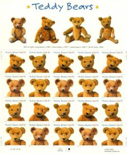 US: 2002 TEDDY BEARS; Complete Sheet of 20 - Sc 3653-56; 37 Cents Values