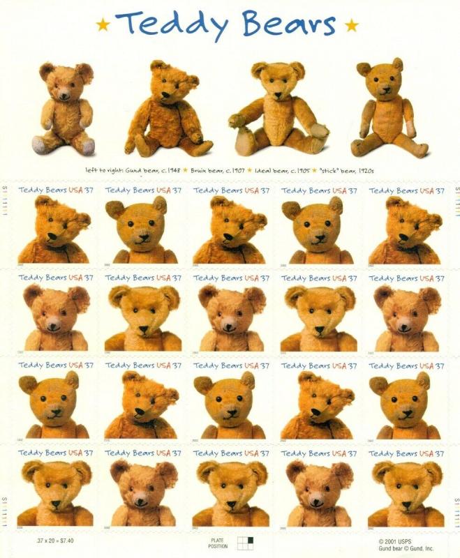 US: 2002 TEDDY BEARS; Complete Sheet of 20 - Sc 3653-56; 37 Cents Values
