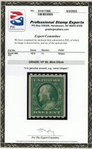 US Stamp #390 Franklin 1c - PSE Cert - VF 80 - MNH - SMQ $20.00 