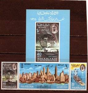 SHARJAH 1964 EXPO 64/65 NEW YORK STRIP OF 3 STAMPS, SHEET OF 5 STRIPS & S/S MNH