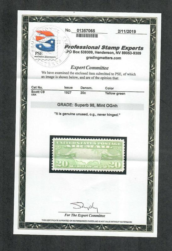 US Sc#c9 M/NH, Superb 98 PSE Graded Cert, SMQ. $250