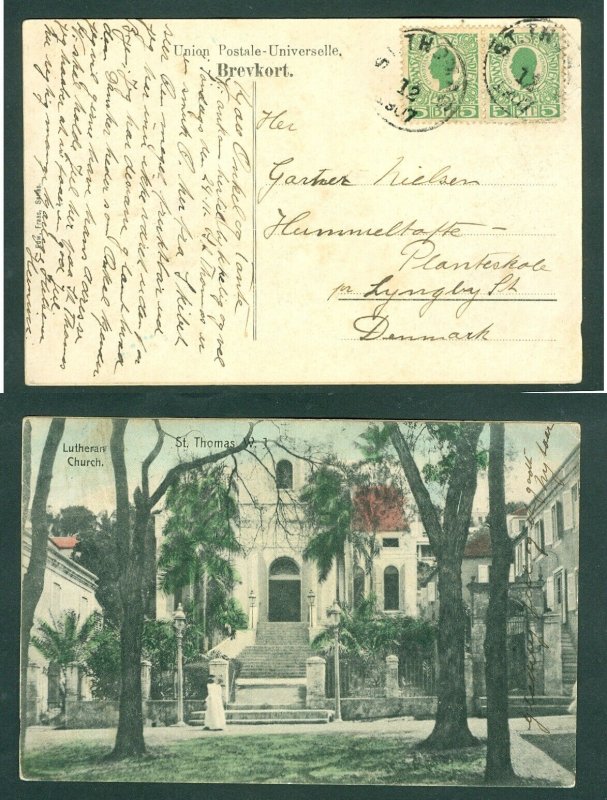 DWI. 1907 Danish West Indies. Postcard.Pair 2 x 5 Bit. St. Thomas.Lutheran Chuch 