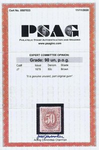 SC# J7 UNUSED PART ORIG GUM HINGED 50C POSTAGE DUE 1879 2020 PSAG CERT GRADED 90