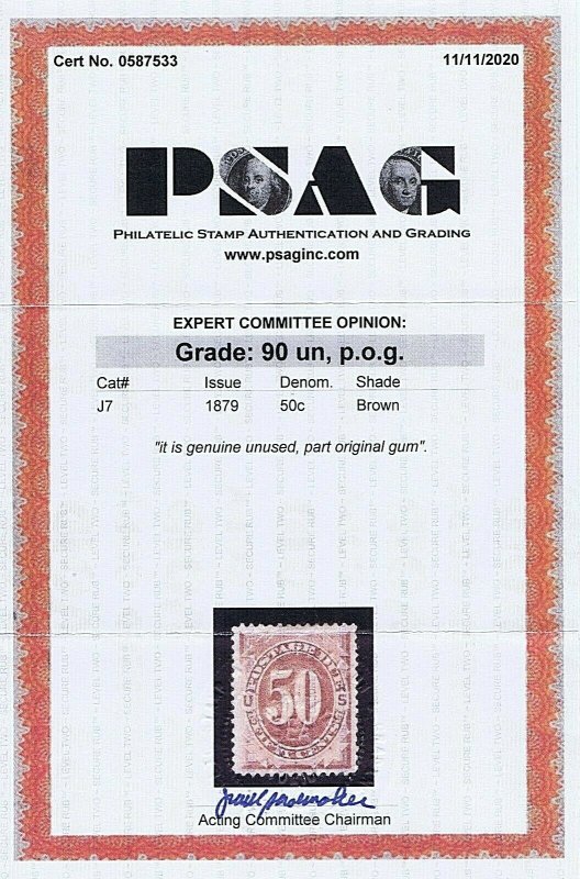 SC# J7 UNUSED PART ORIG GUM HINGED 50C POSTAGE DUE 1879 2020 PSAG CERT GRADED 90