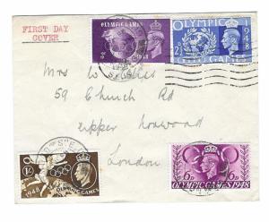 London, England local use 1948 First Day Cover XIV Olympics, Sct 271-274, dcds