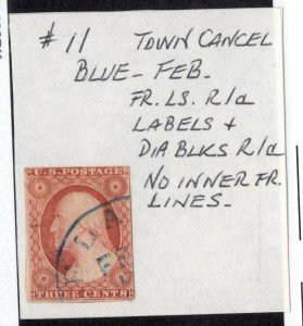 U.S. -  11 - Town cancel - Feb - blue cancel - no inner fr lines - used