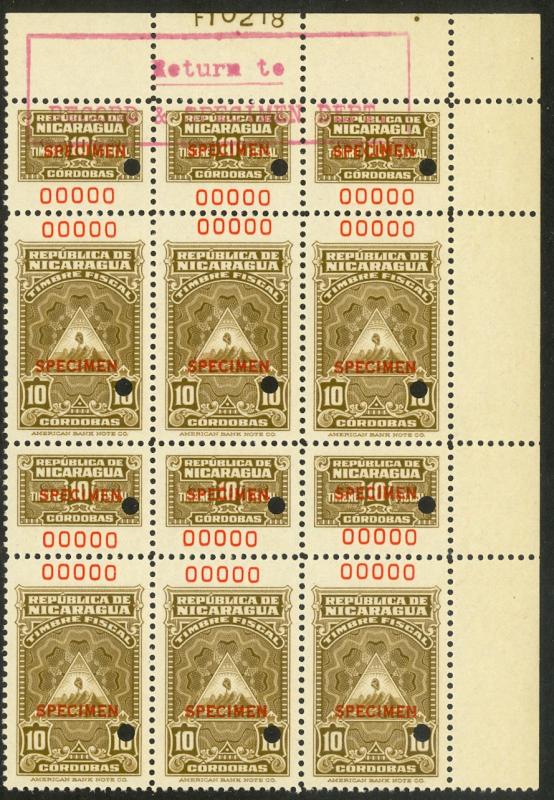 NICARAGUA 1940 10cor REVENUE + TALON Sheet No Block ARCHIVAL SPECIMEN MNH