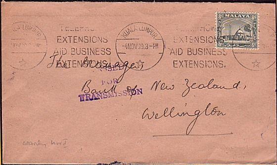 MALAYA 1939 (4 Nov) very early WW2 censored cover to New Zealand