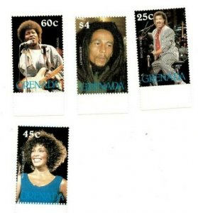 Grenada 1988 Joan Armatrading, Bob Marley Lionel Richie Whitney Houston 4 Stamps