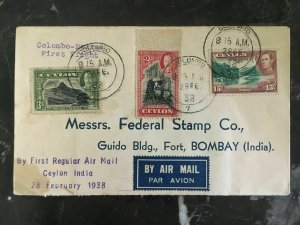 1938 Colombo Ceylon First Flight Cover to madras India Empire Air Mail FFC