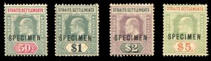 Straits Settlements #101-104S (SG 118-121s), 1902-3 Edward, 50c-$5, four high...