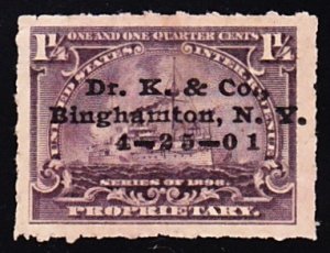 Scott RB25p, Used, 1 1/4c Proprietary with Printed Dr. K. & Co., Binghampton, NY